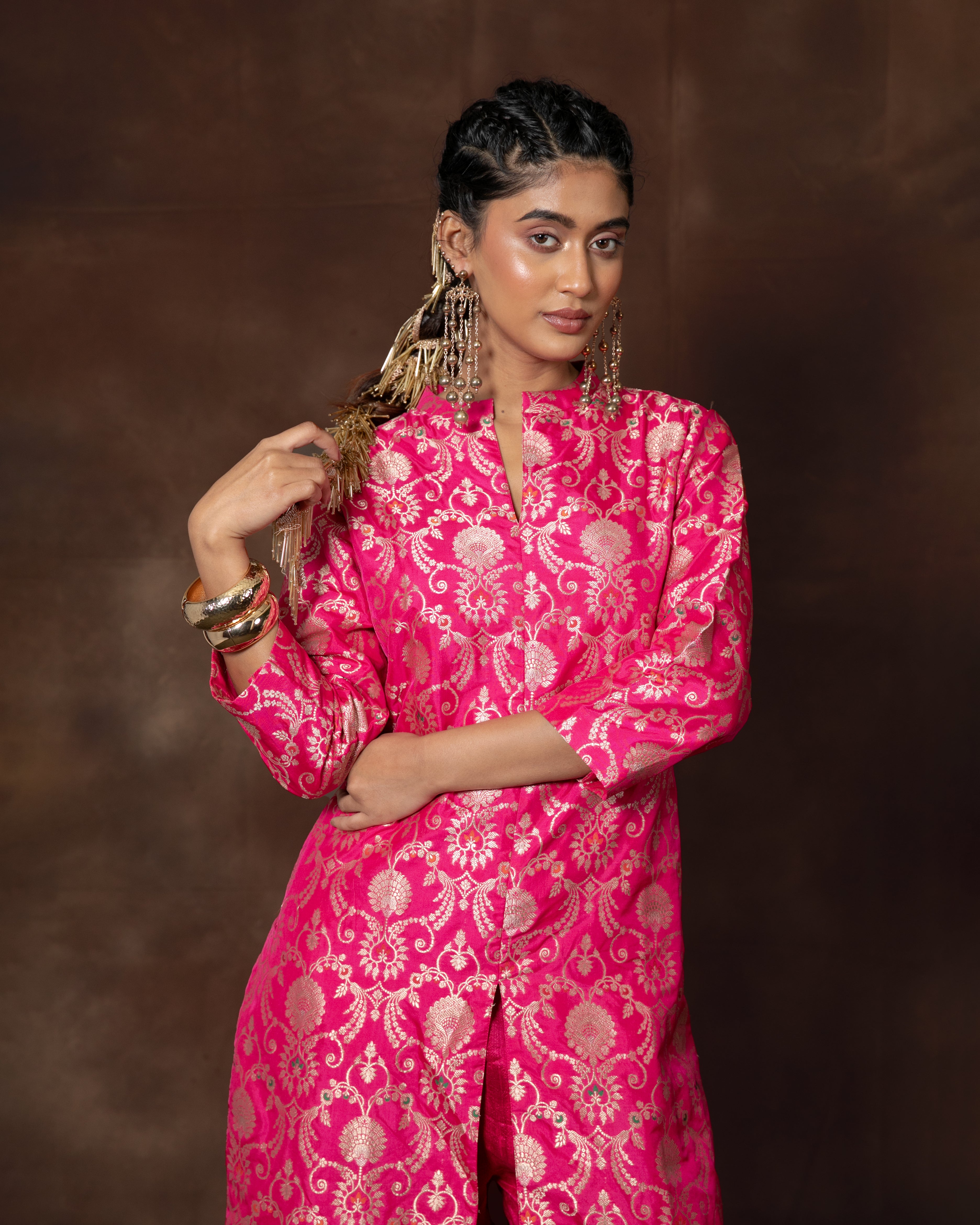 Pink Brocade Banarsi Silk Kurta Set