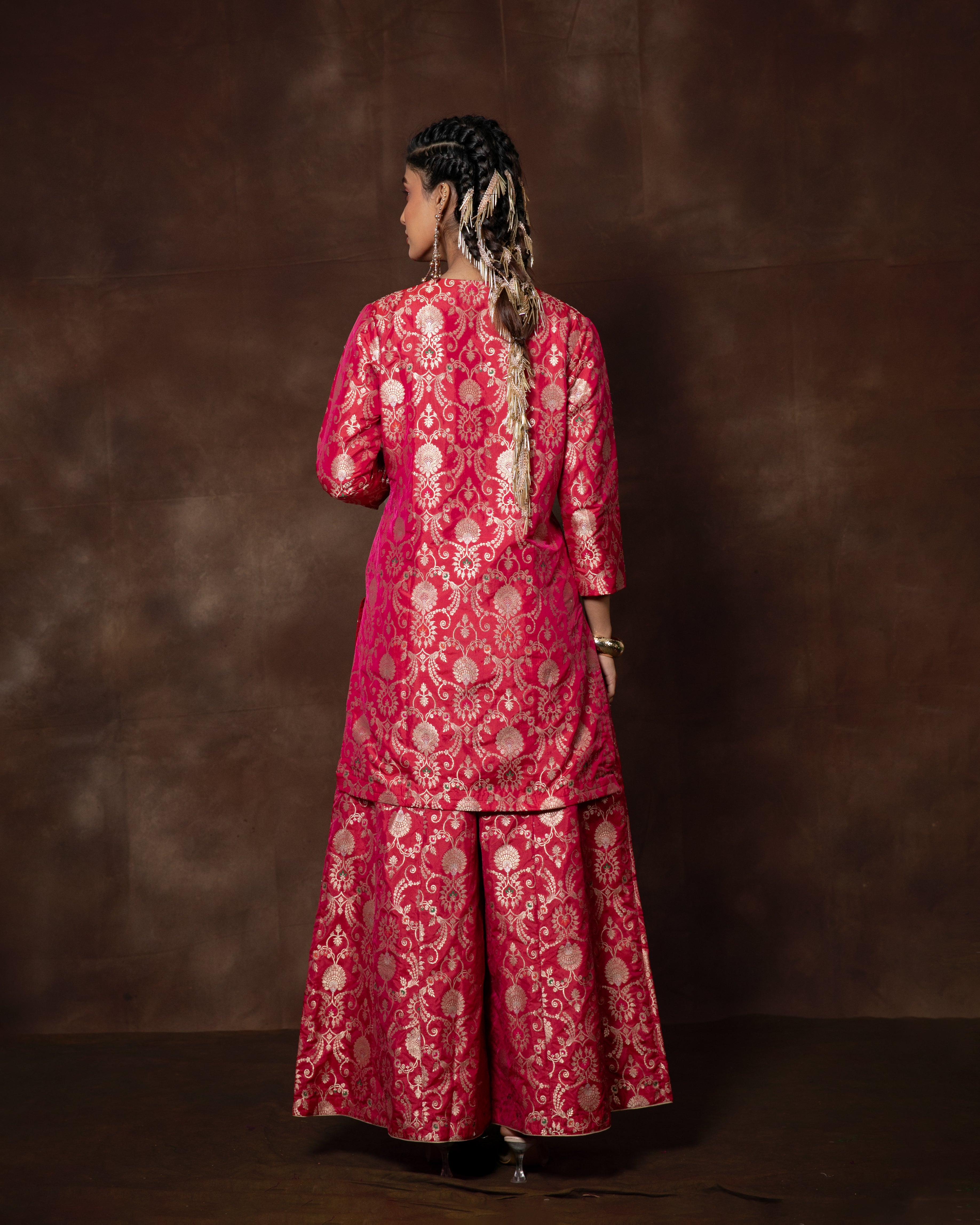 Pink Banarsi Silk Kurta Sharara Set with Organza Duppatta