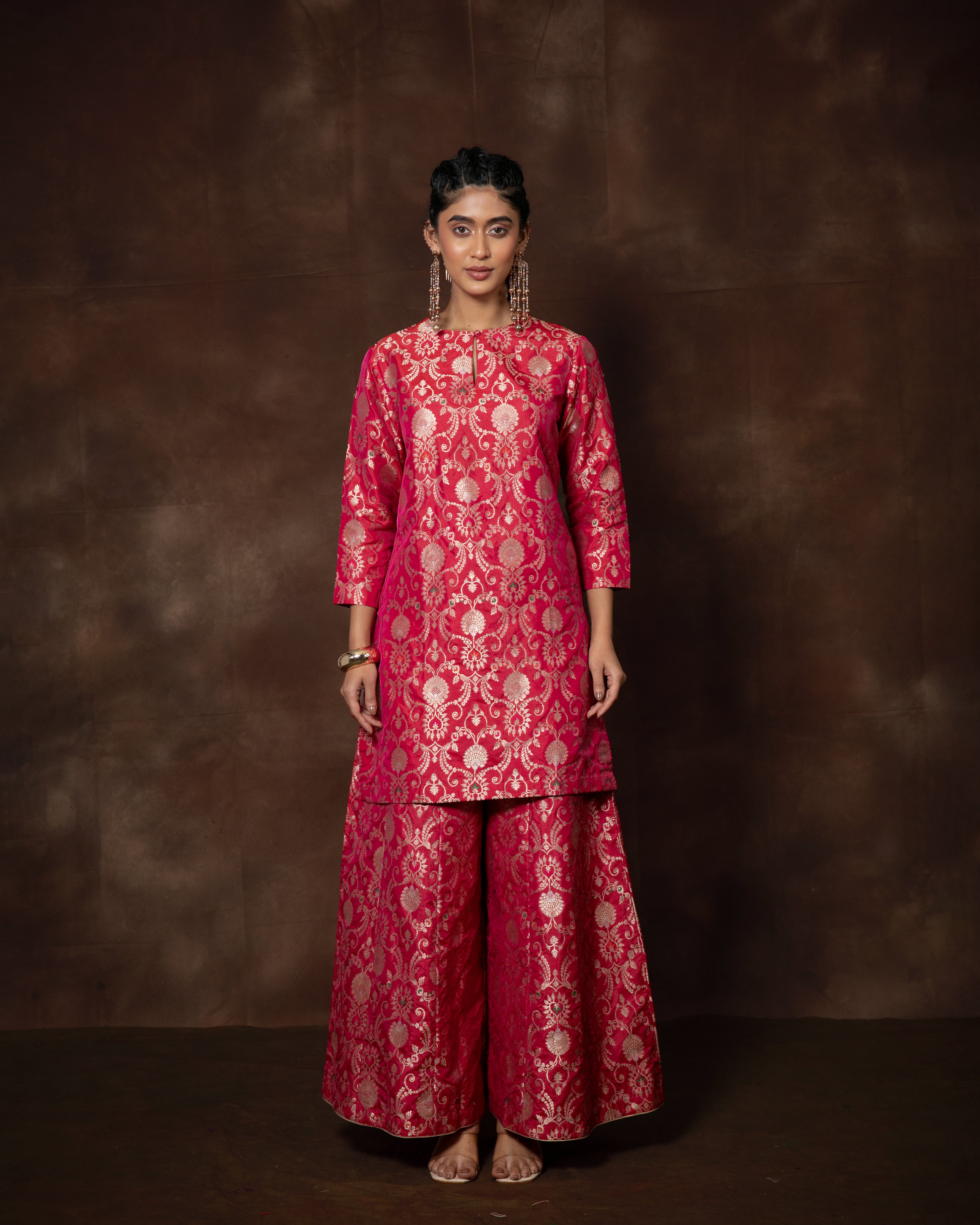 Pink Banarsi Silk Kurta Sharara Set with Organza Duppatta