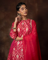 Pink Banarsi Silk Kurta Sharara Set with Organza Duppatta