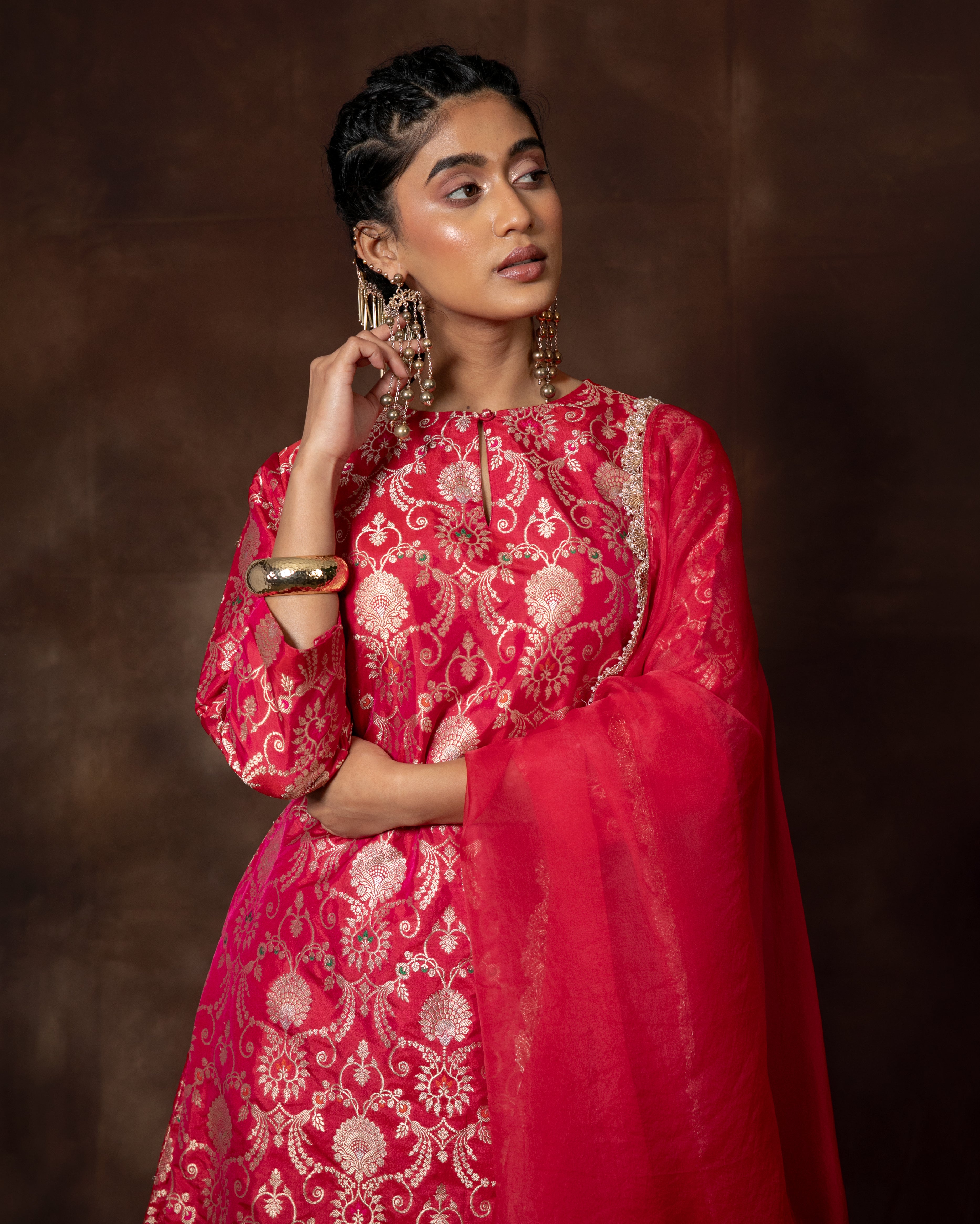 Pink Banarsi Silk Kurta Sharara Set with Organza Duppatta