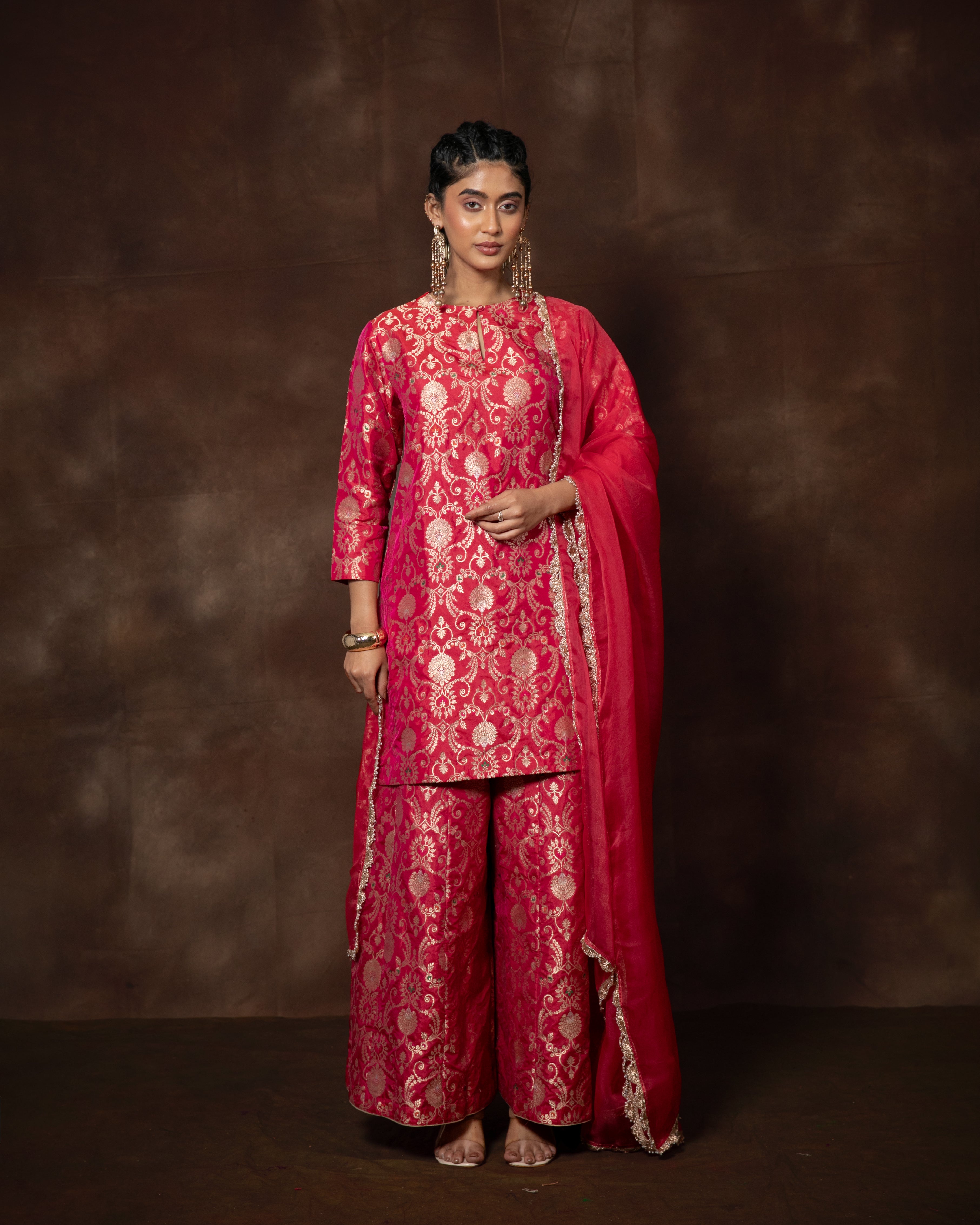 Pink Banarsi Silk Kurta Sharara Set with Organza Duppatta