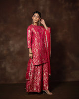 Pink Banarsi Silk Kurta Sharara Set with Organza Duppatta
