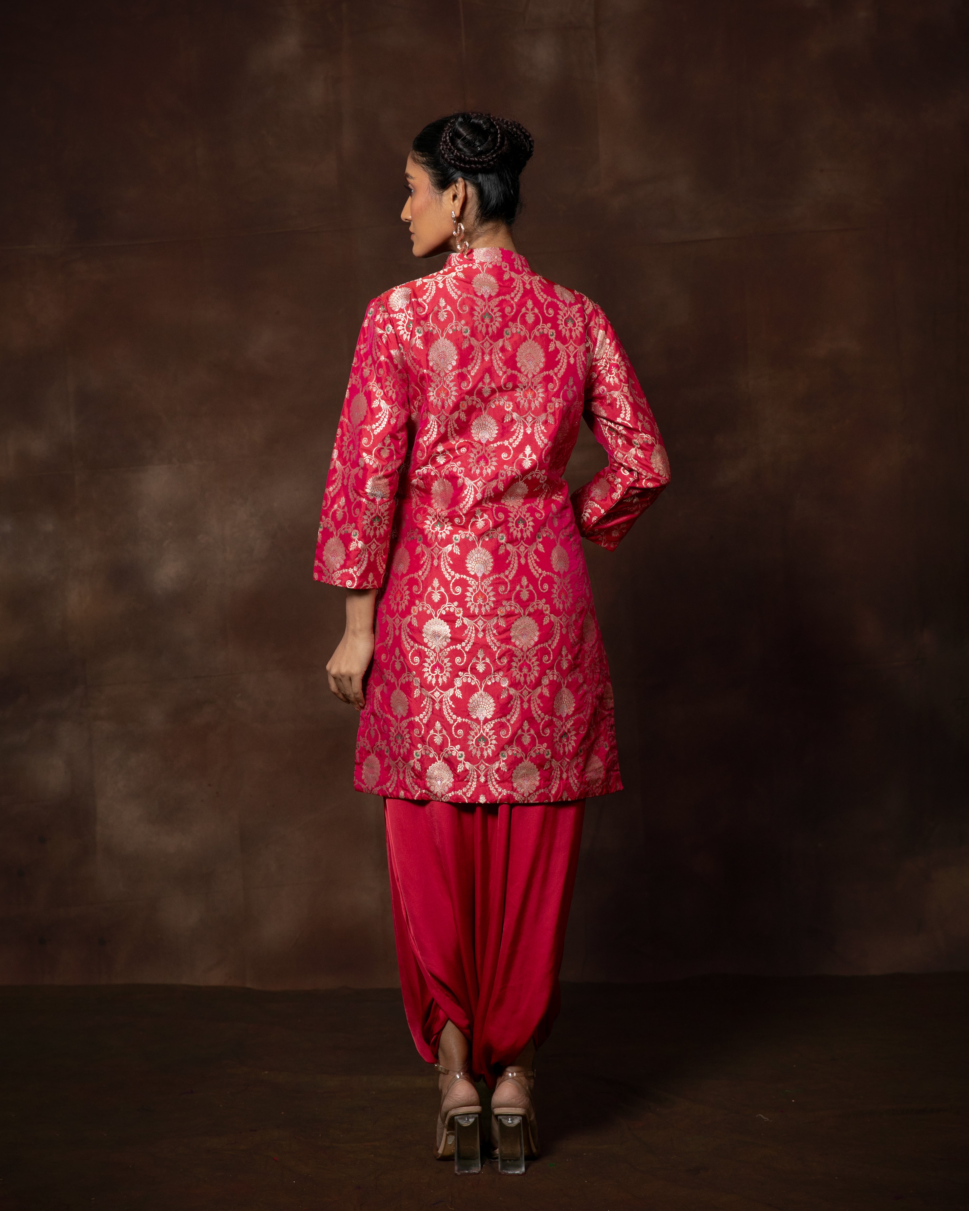 Pink Meenakari Silk Kurta with Satin Dhoti Set