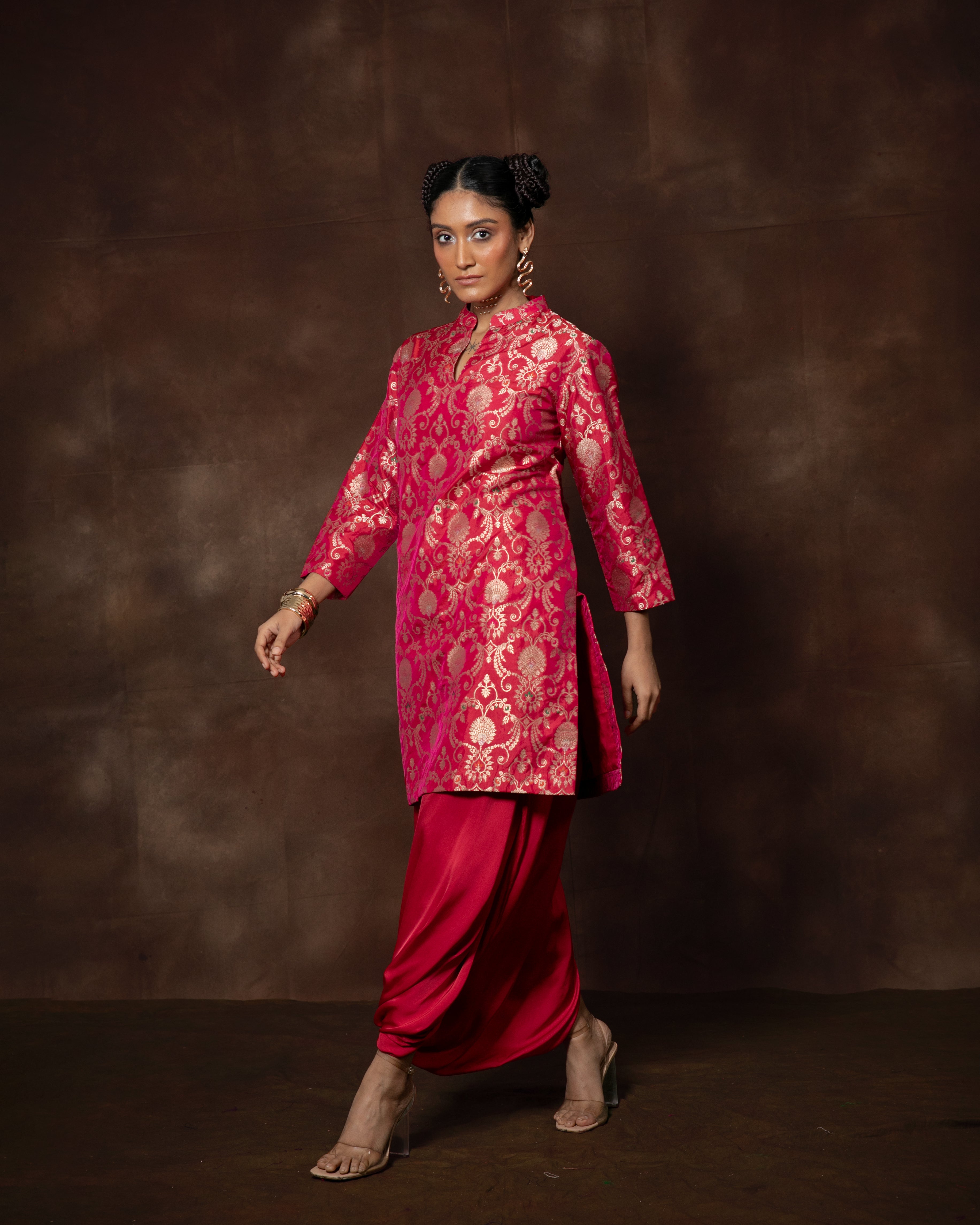 Pink Meenakari Silk Kurta with Satin Dhoti Set