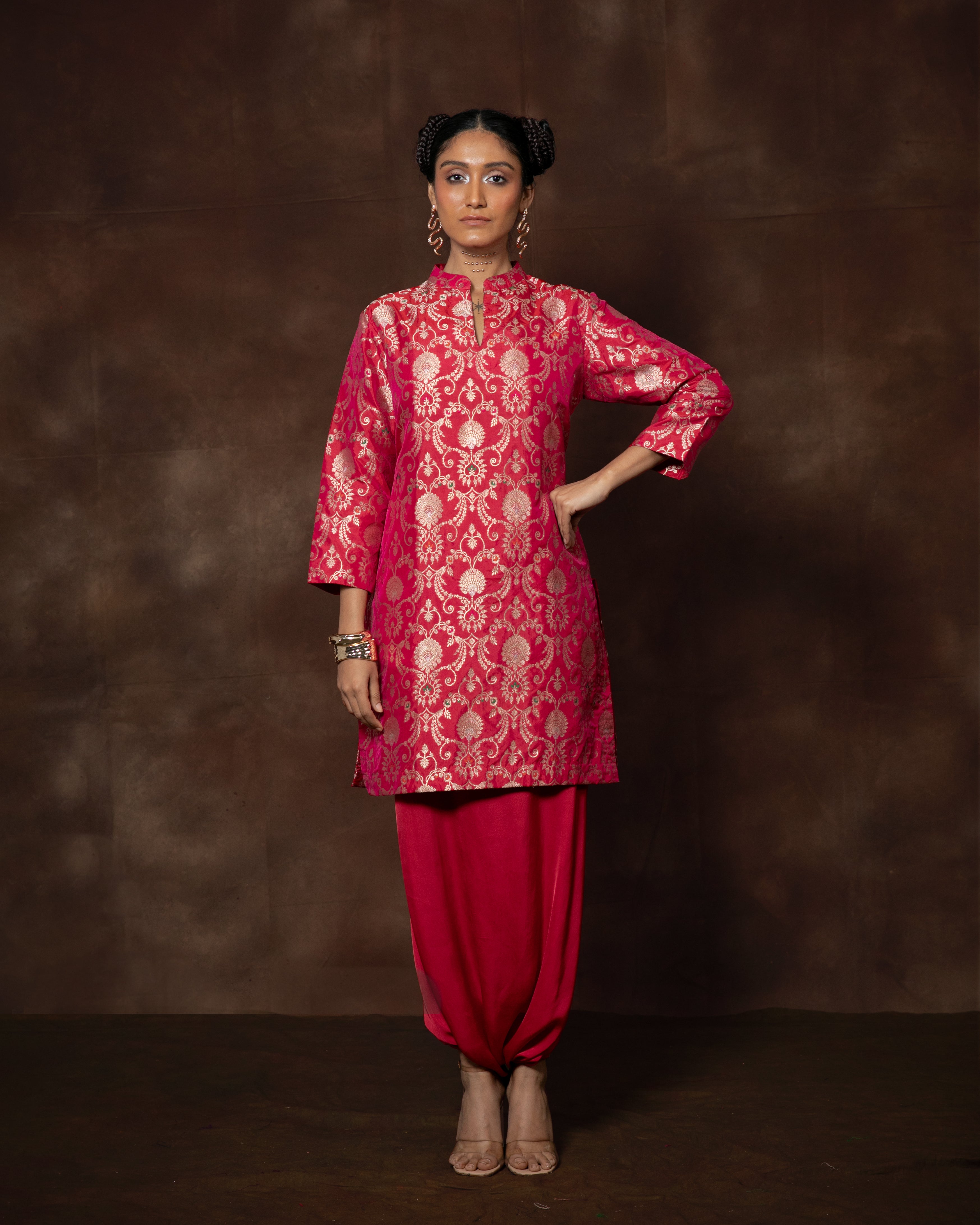 Pink Meenakari Silk Kurta with Satin Dhoti Set