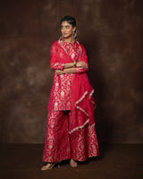 Pink Banarsi Silk Kurta Sharara Set with Organza Duppatta