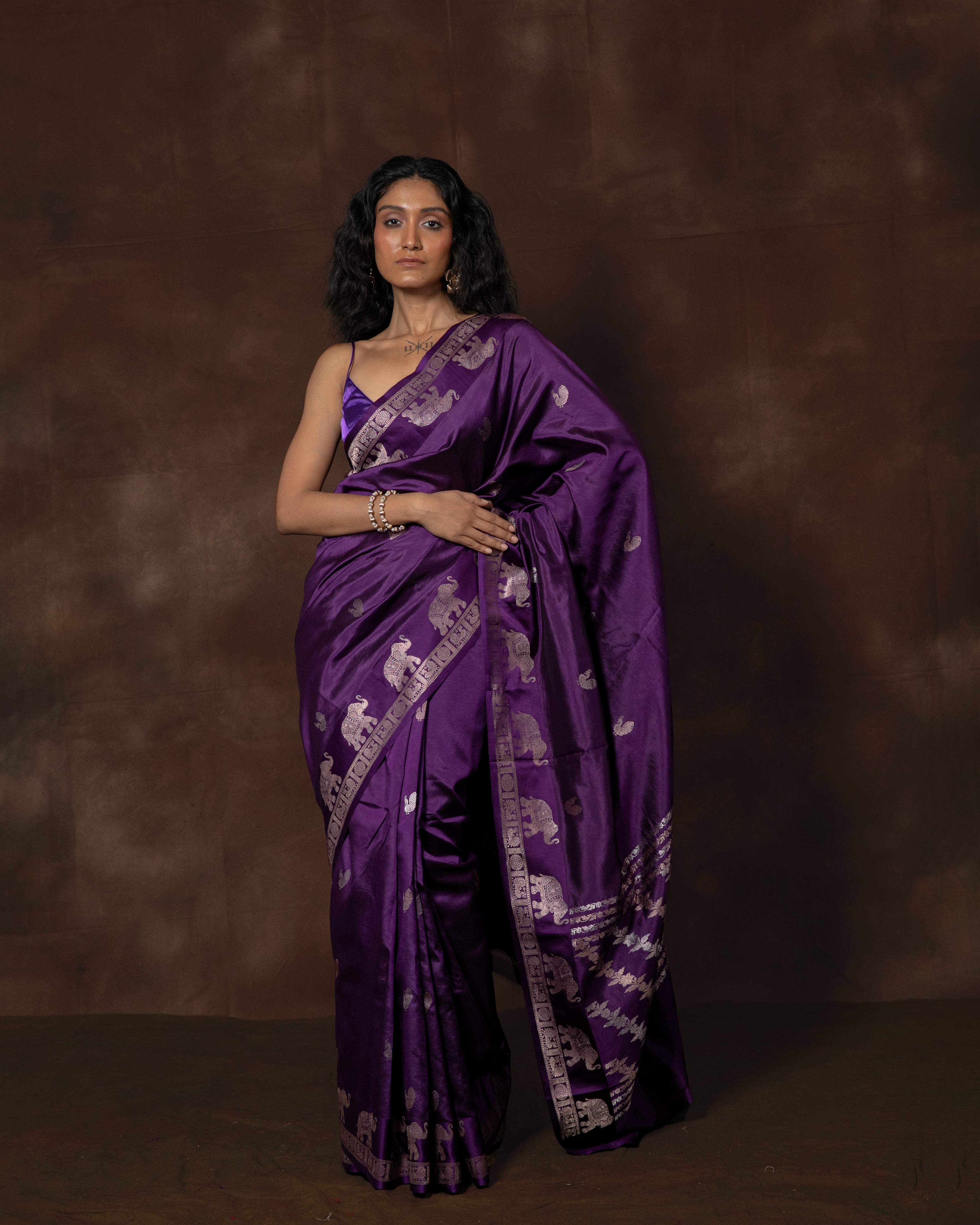 Purple Banarasi Shikargah Silk Saree with Running Blouse