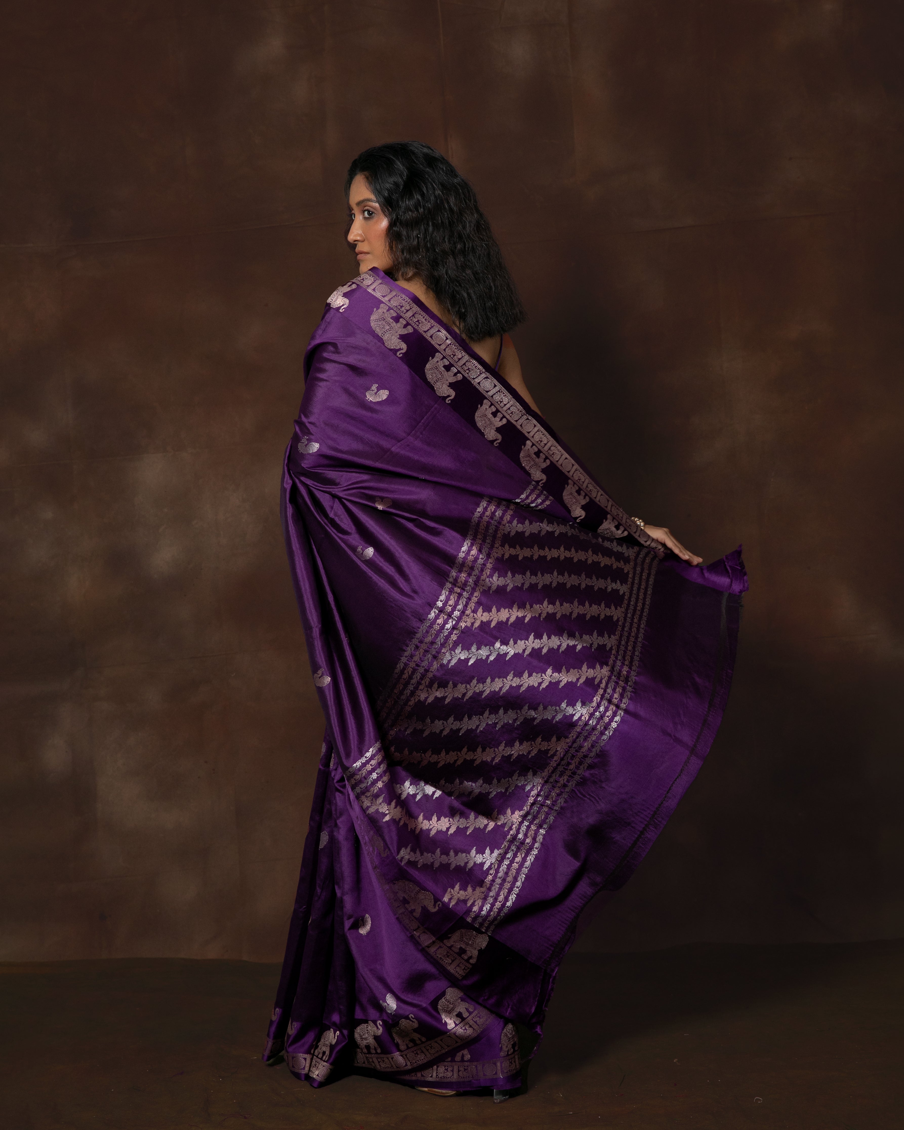 Purple Banarasi Shikargah Silk Saree with Running Blouse