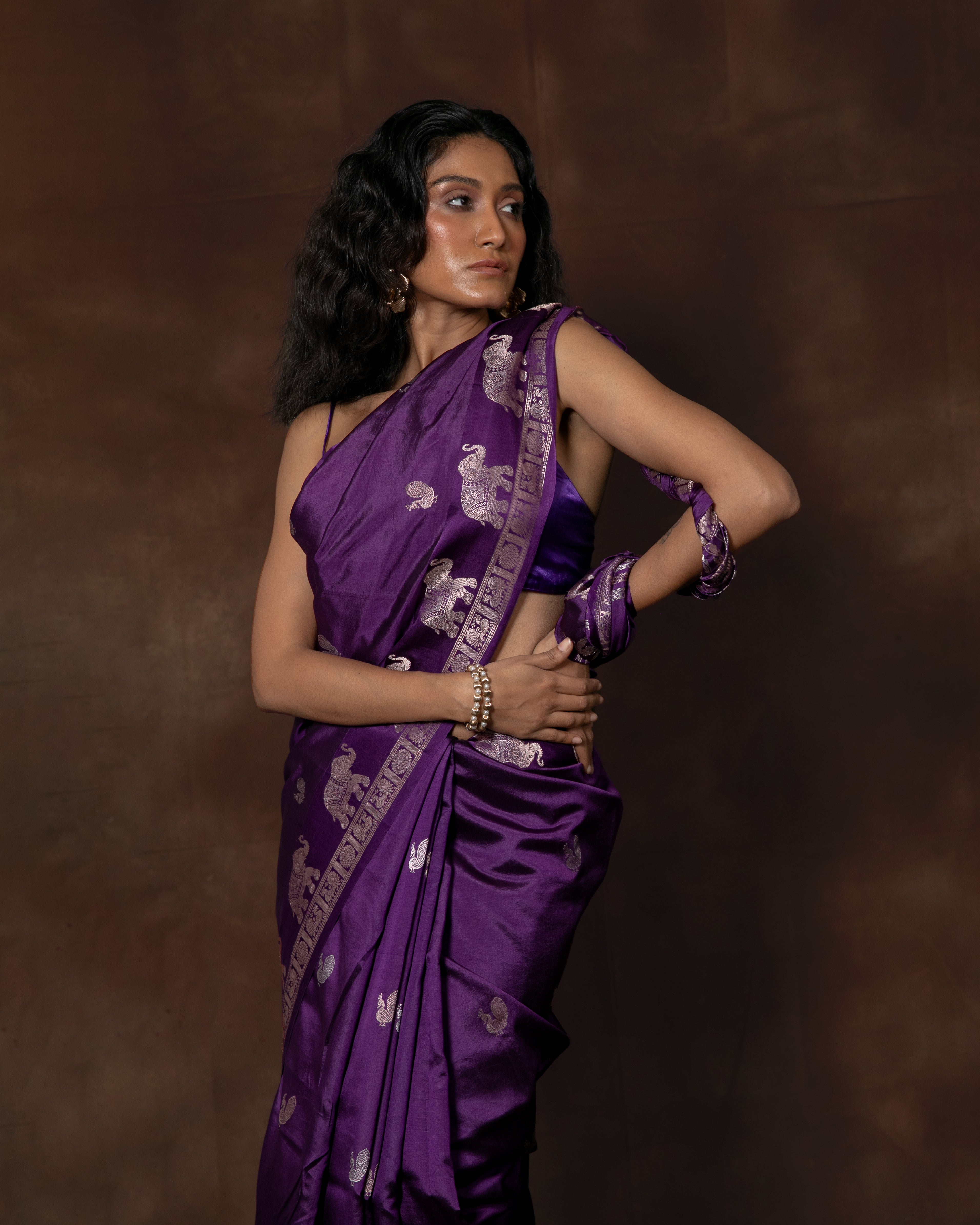Purple Banarasi Shikargah Silk Saree with Running Blouse