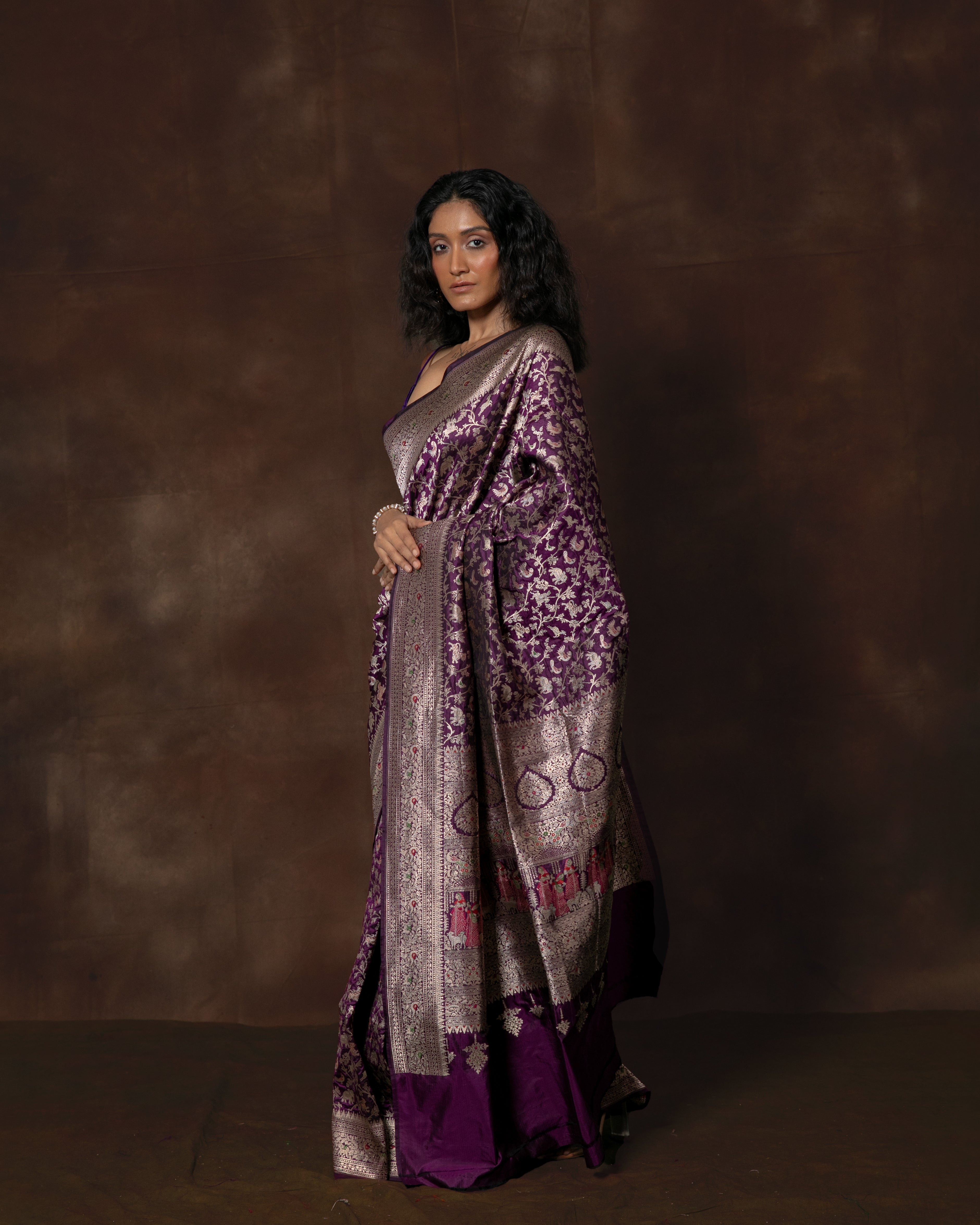 Purple Shikargah Banarasi Silk Saree with Meenakari & Running Blouse