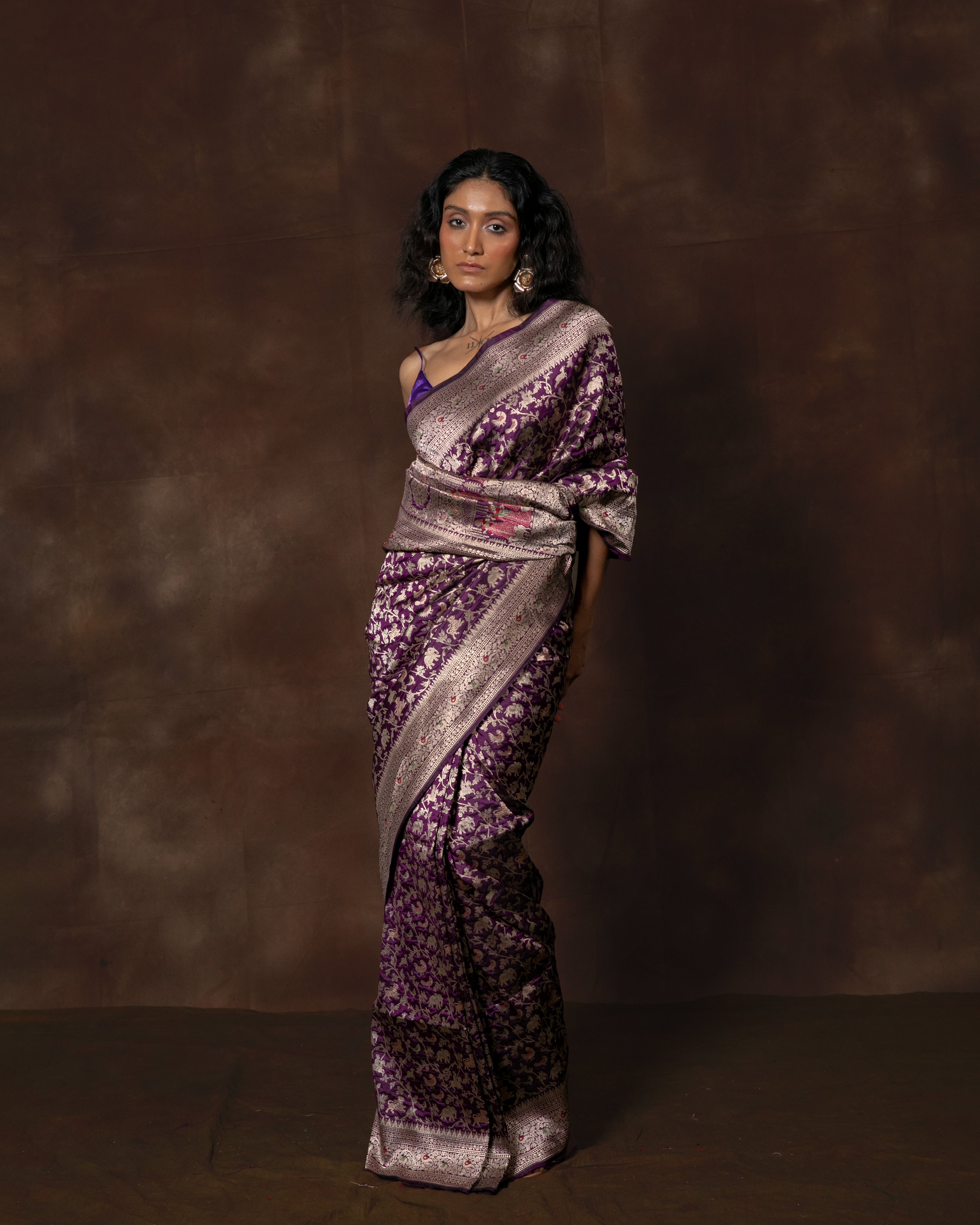 Purple Shikargah Banarasi Silk Saree with Meenakari & Running Blouse