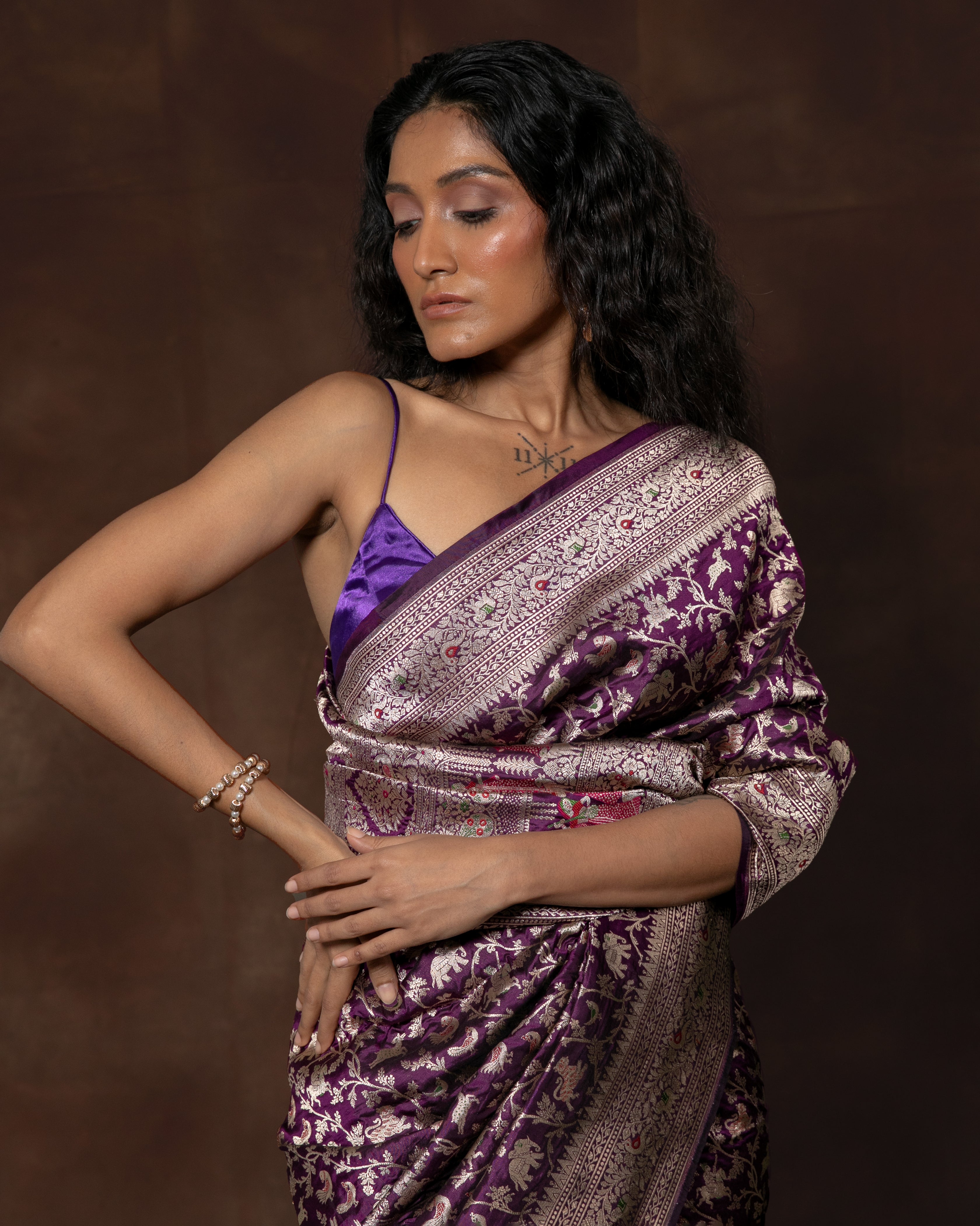 Purple Shikargah Banarasi Silk Saree with Meenakari & Running Blouse