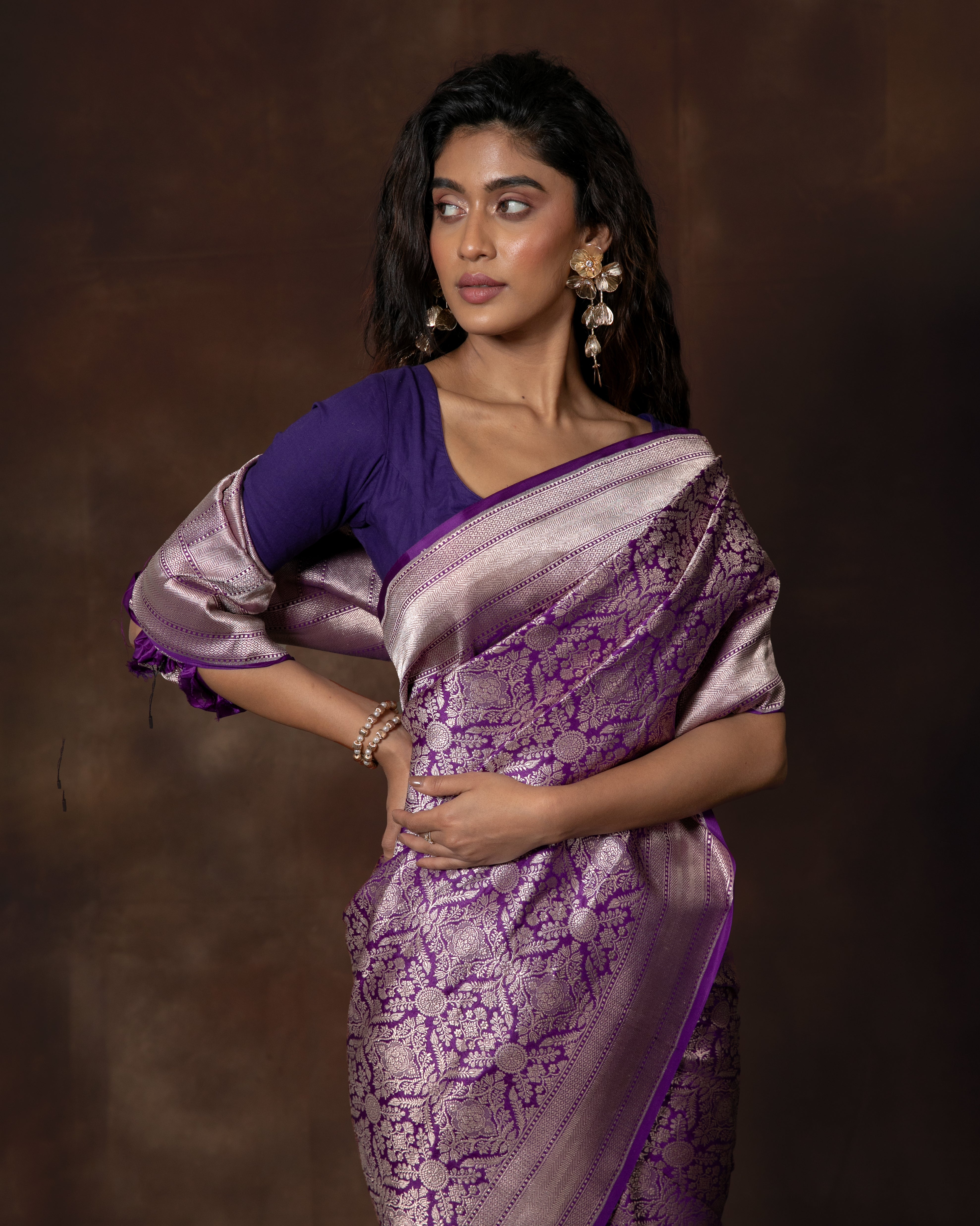 Purple Brocade Silk Saree with Running Blouse