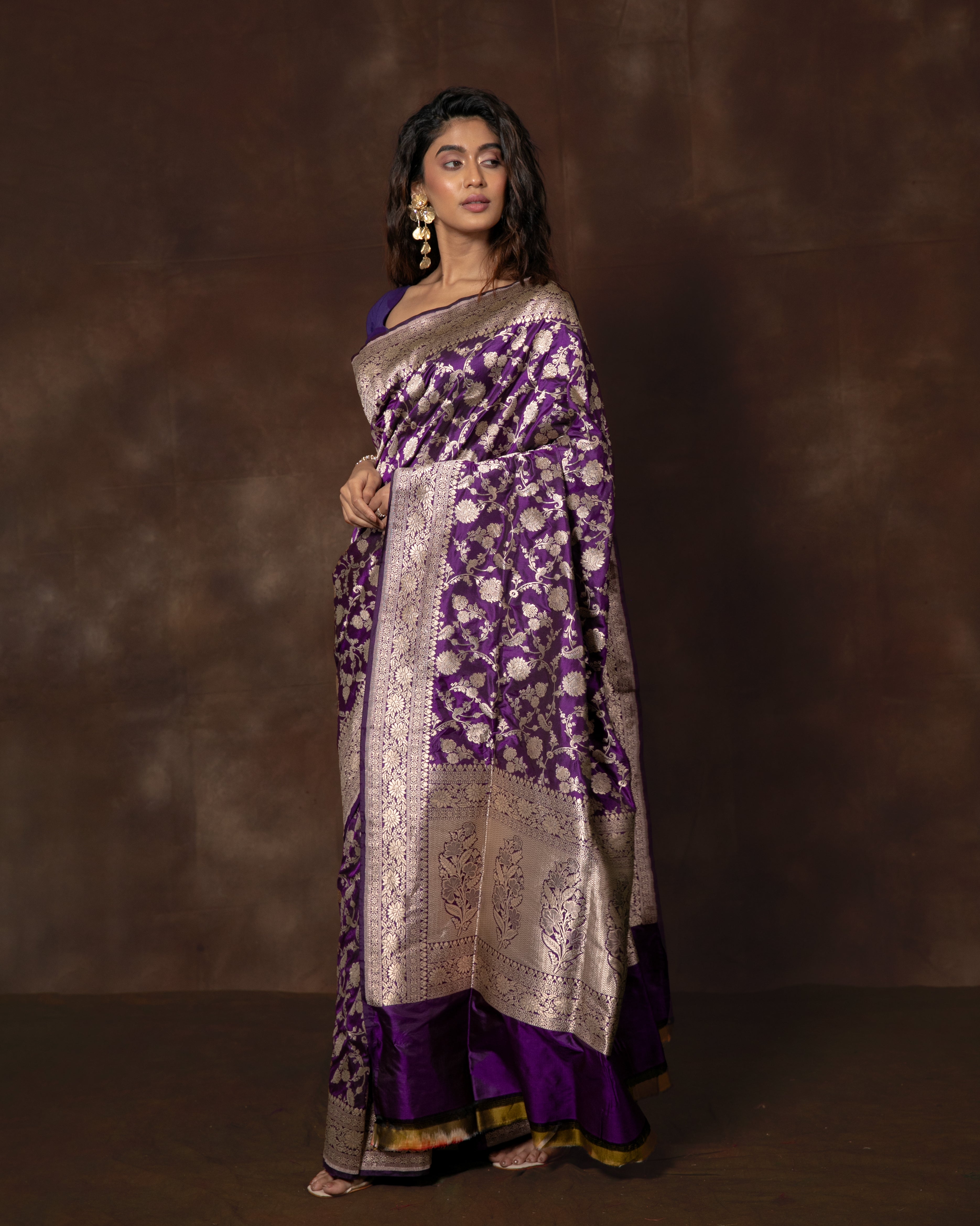 Purple Floral Jaal Banarsi Silk Saree with Running Blouse
