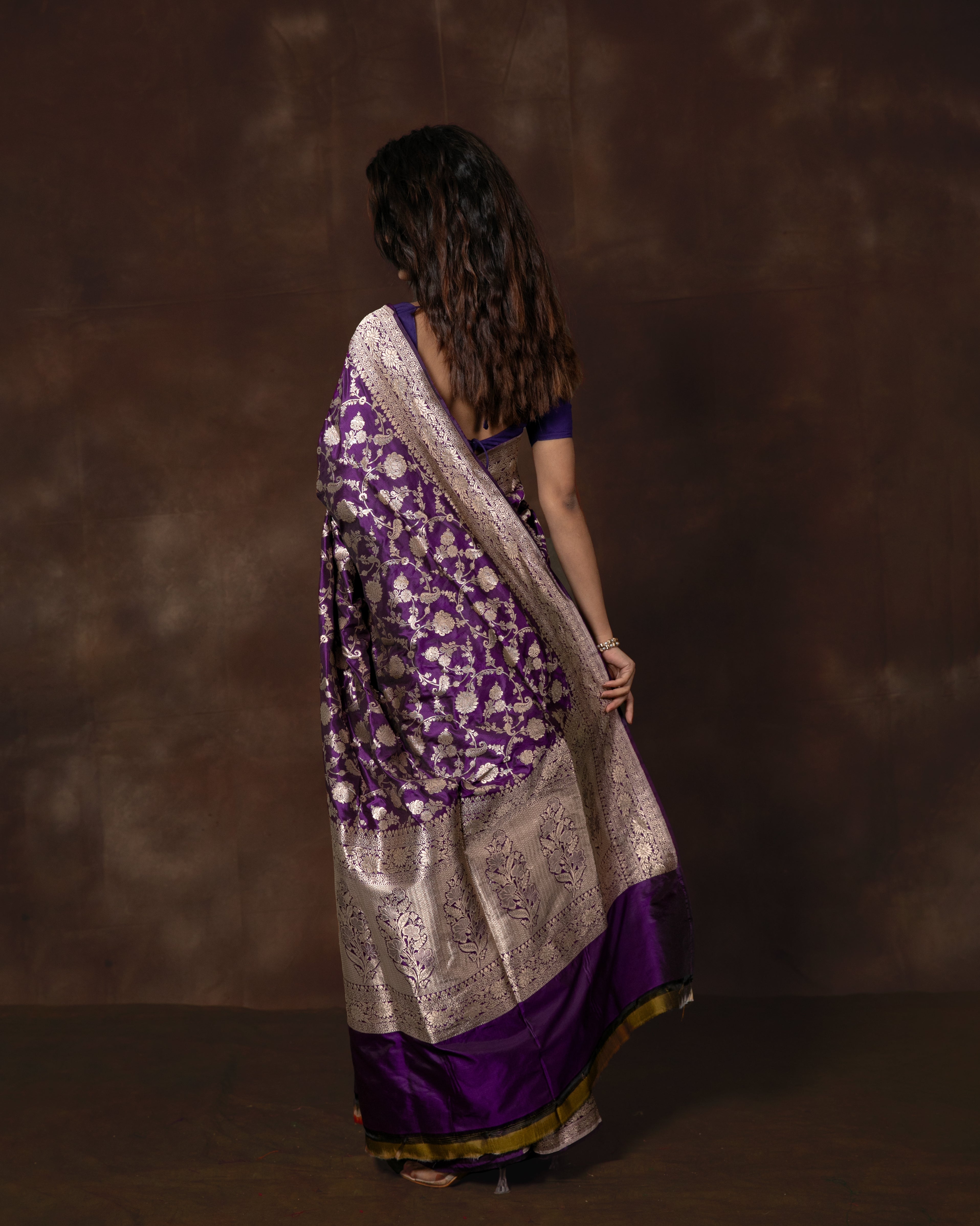 Purple Floral Jaal Banarsi Silk Saree with Running Blouse