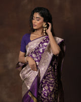 Purple Floral Jaal Banarsi Silk Saree with Running Blouse