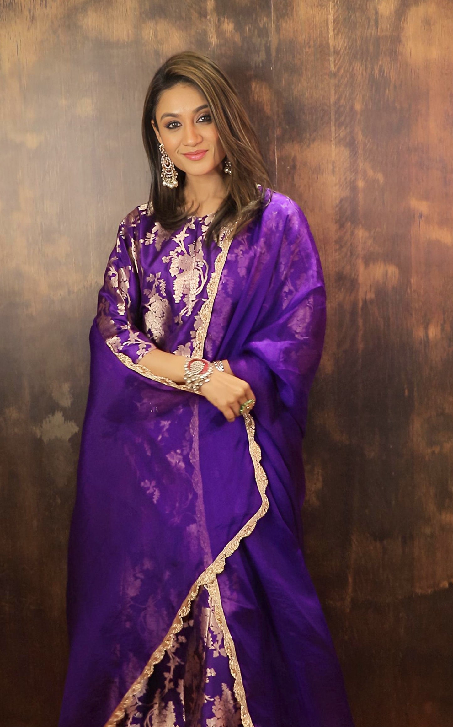 Purple Floral Katan Silk Kurta Garara with Organza Duppatta