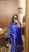 Blue Summer Silk Banarsi Kurta Sharara Set with Organza Duppatta