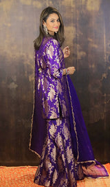 Purple Floral Katan Silk Kurta Garara with Organza Duppatta