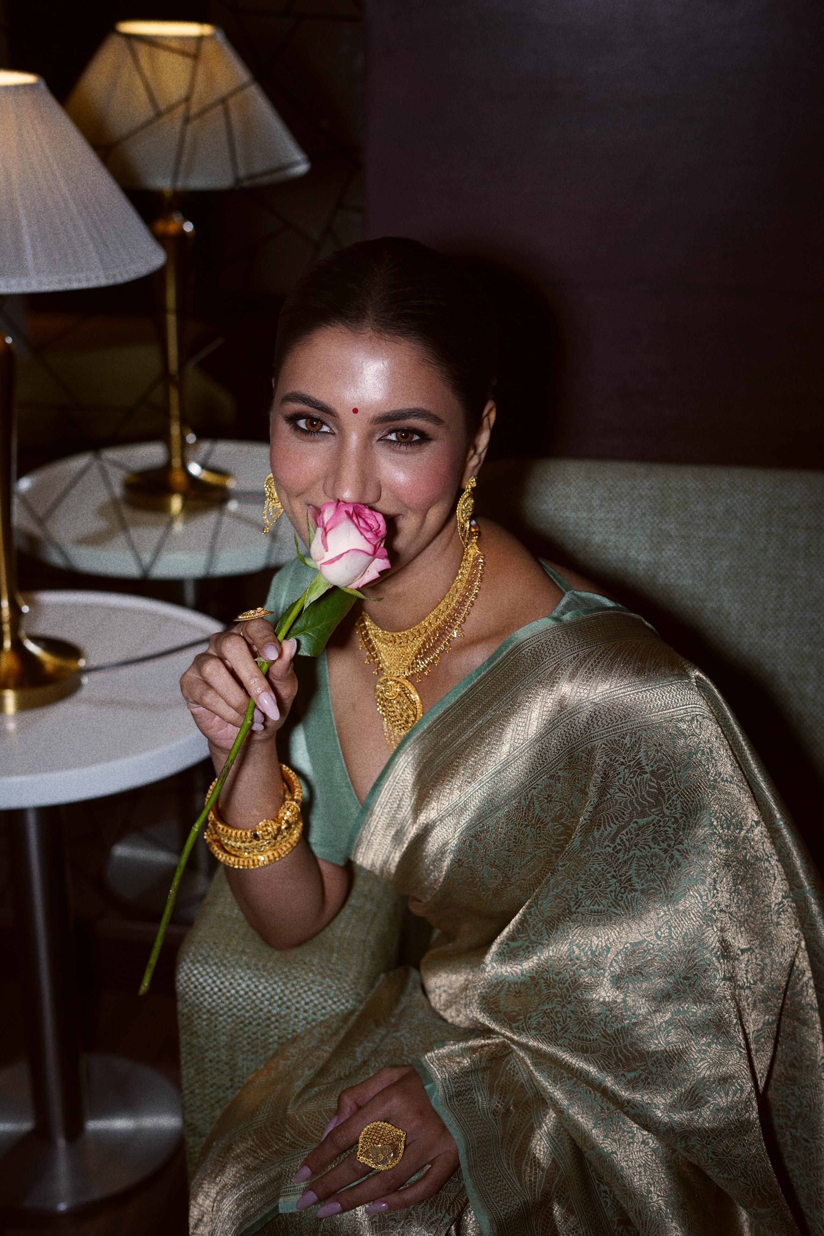 Rukmini Maitra in Sage Green Brocade Banarasi Silk Saree