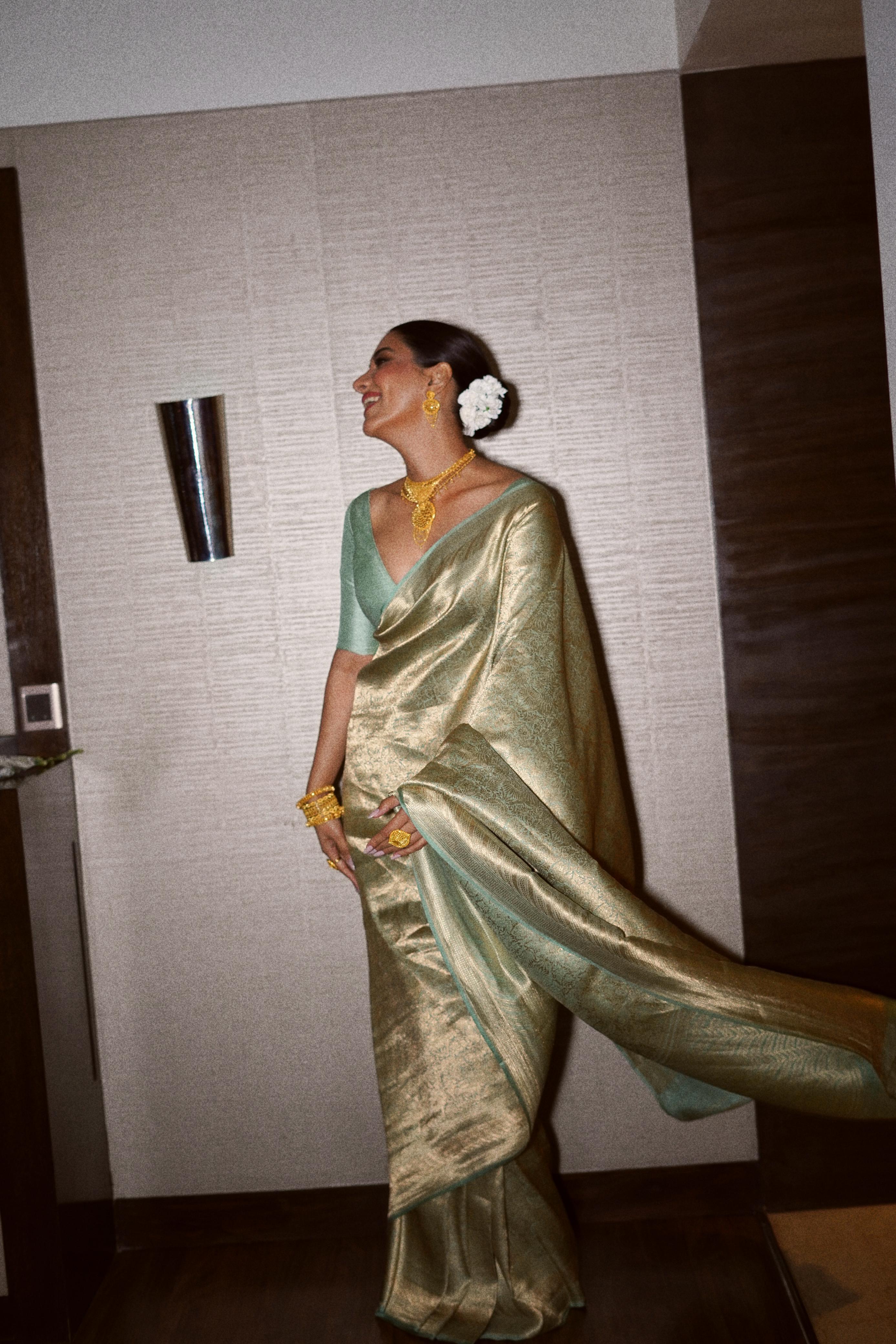 Rukmini Maitra in Sage Green Brocade Banarasi Silk Saree