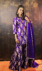 Purple Floral Katan Silk Kurta Garara with Organza Duppatta