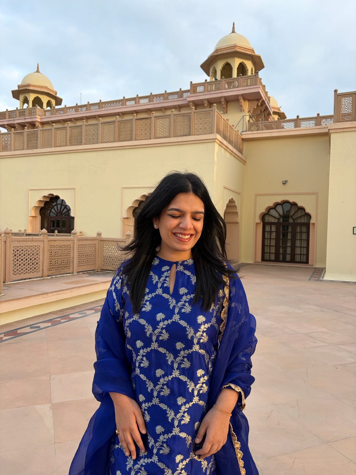 Blue Summer Silk Banarsi Kurta Garara Set with Organza Duppatta