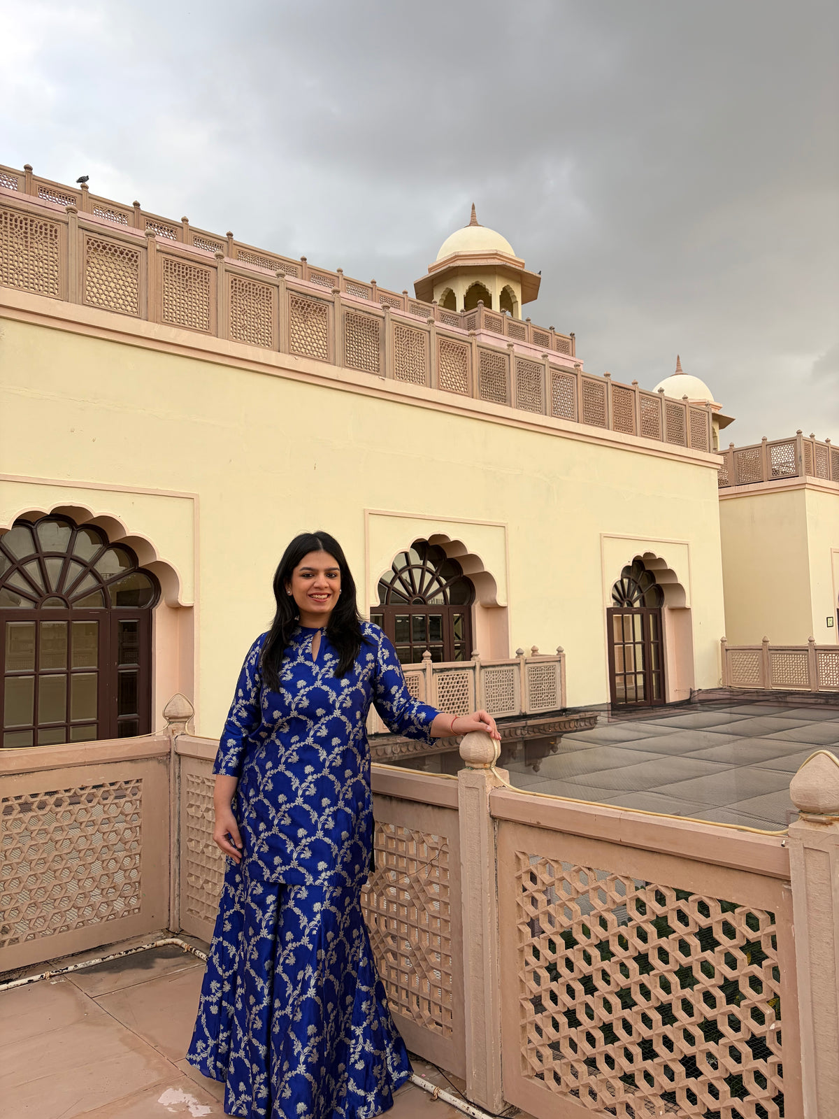 Blue Summer Silk Banarsi Kurta Garara Set with Organza Duppatta
