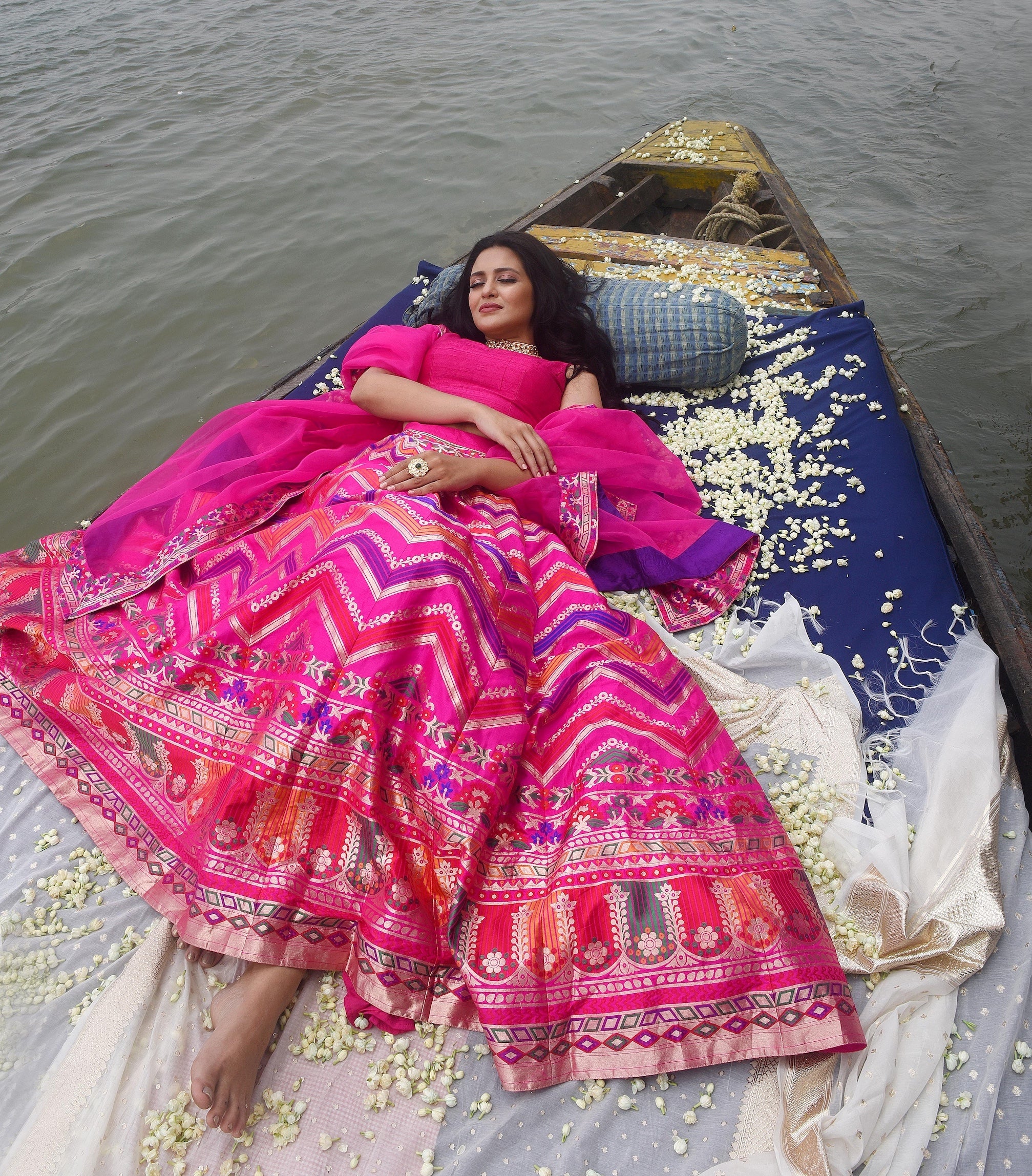 Pink Lehenga with Multi-Hued Chevron Pattern Set