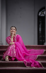 Koushani Mukherjee in Rani Pink Banarasi Silk Sharara Set