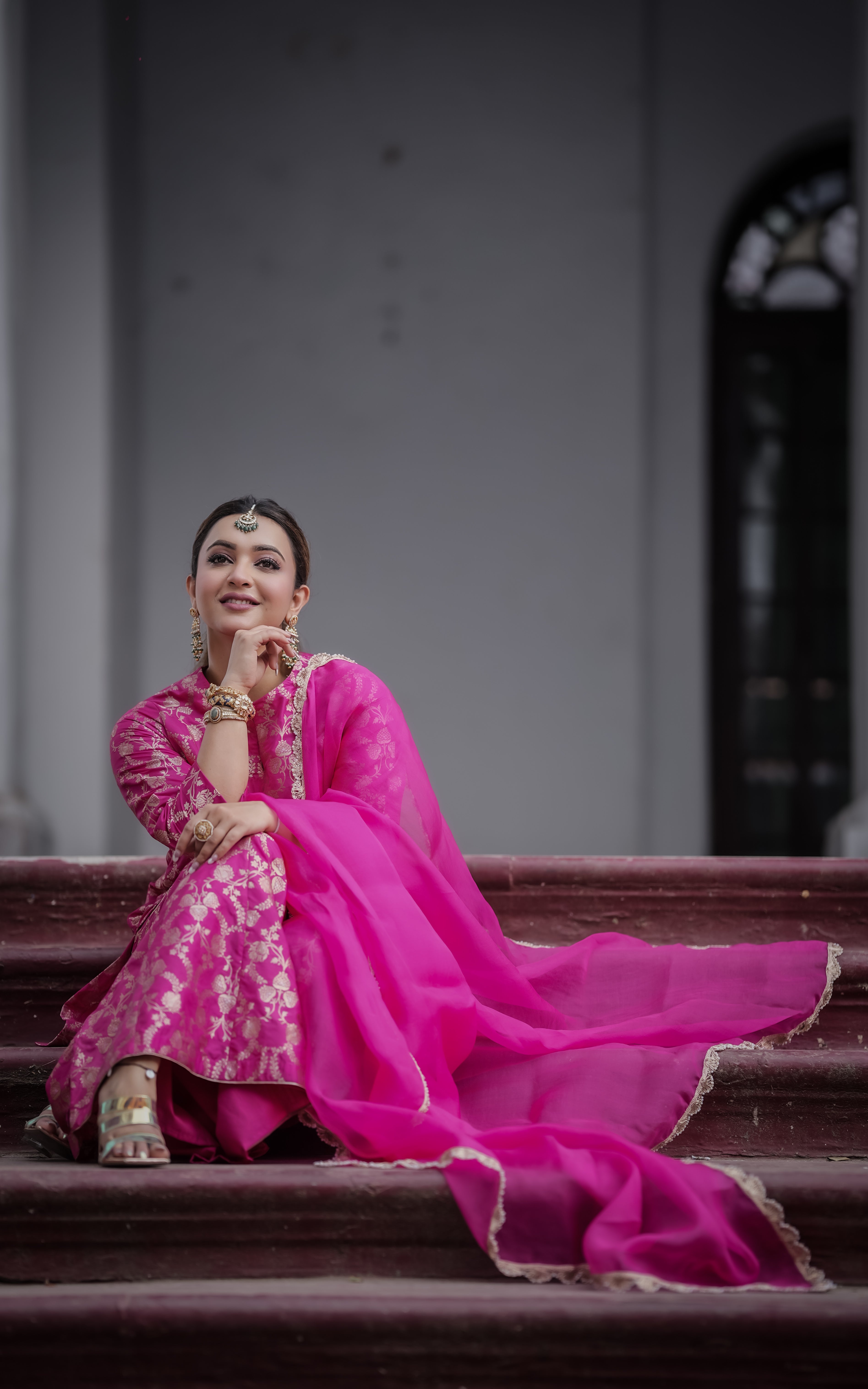 Koushani Mukherjee in Rani Pink Banarasi Silk Sharara Set