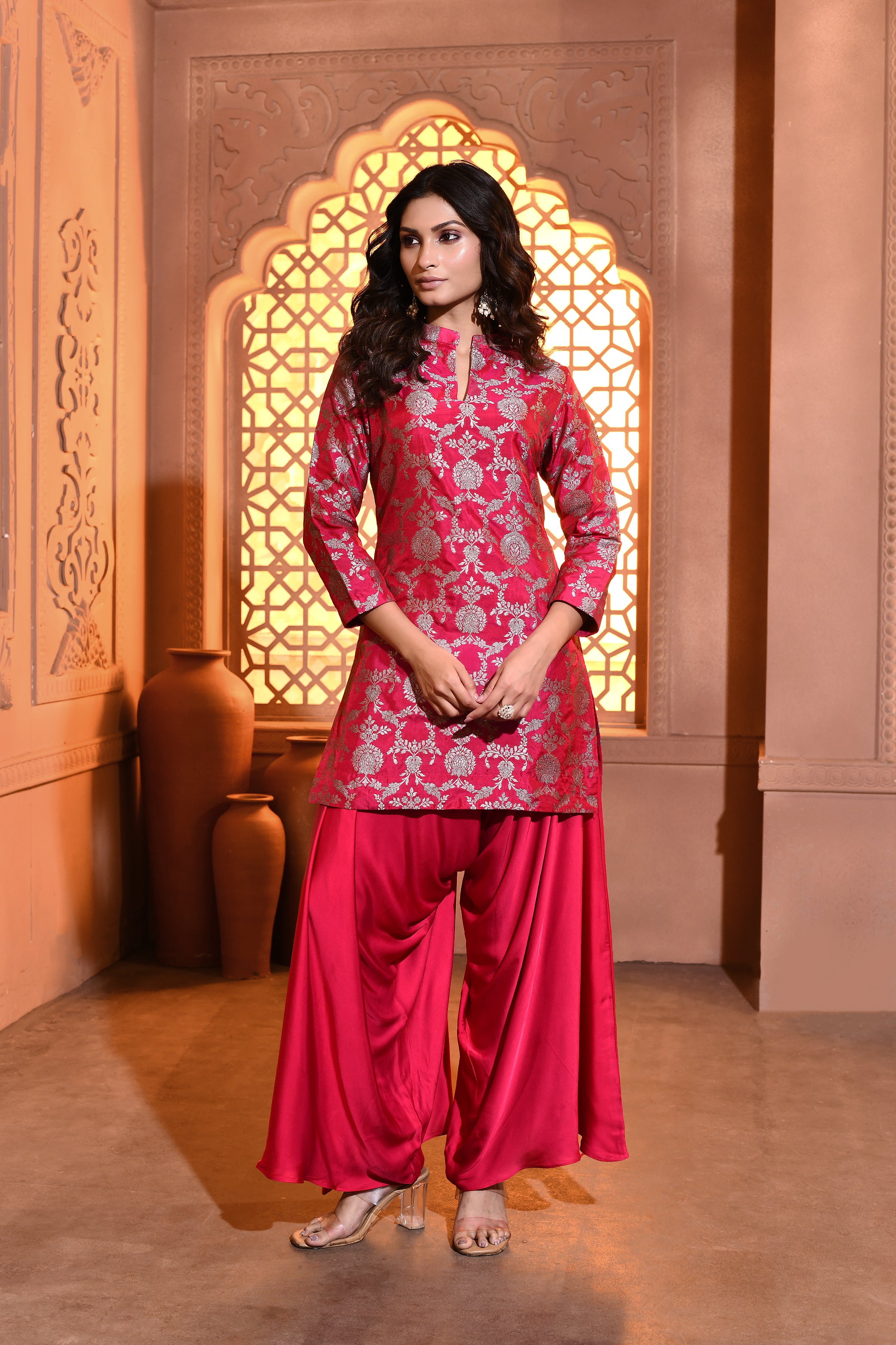 Rani Pink Silk Kurta with Draped Pant
