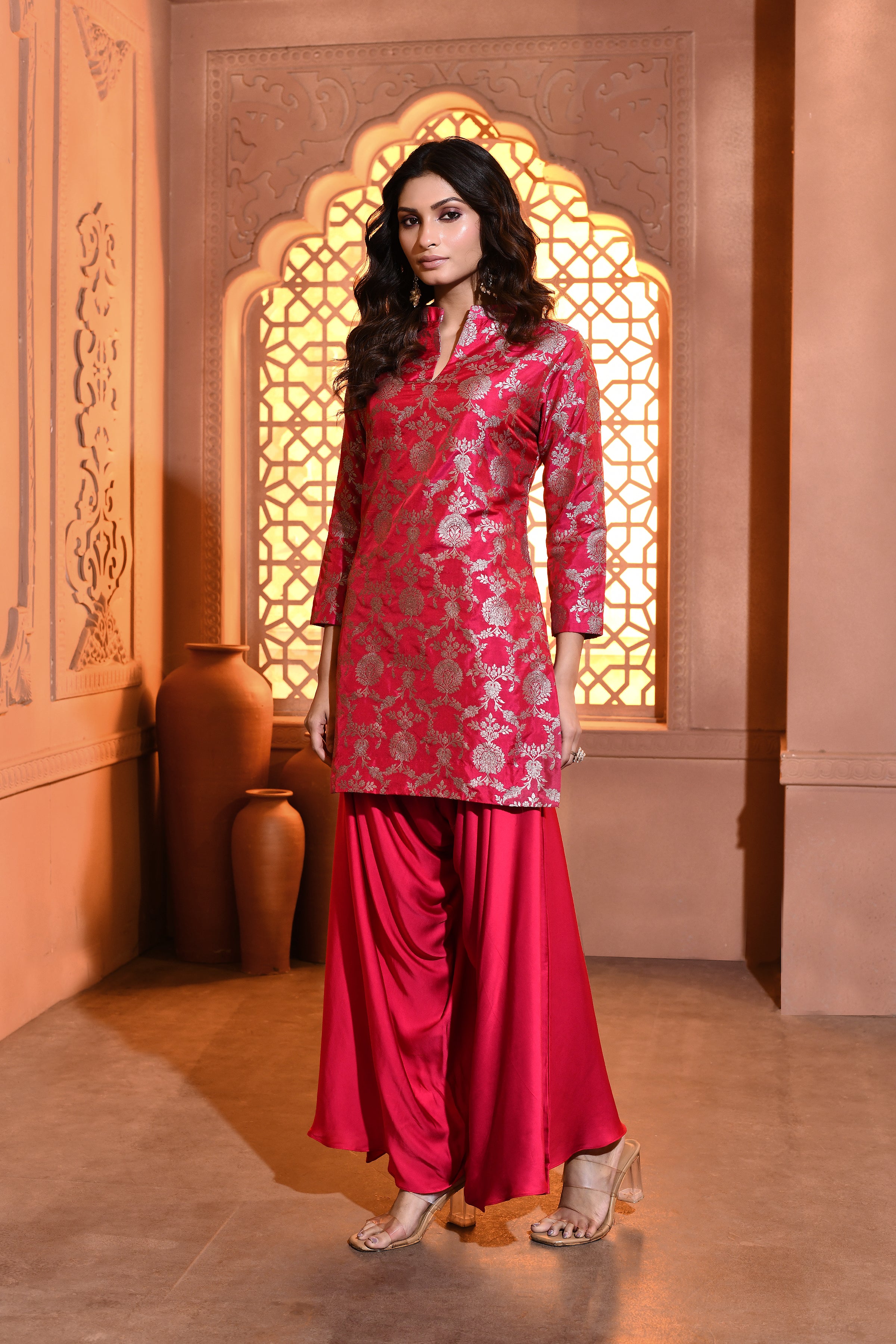 Rani Pink Silk Kurta with Draped Pant