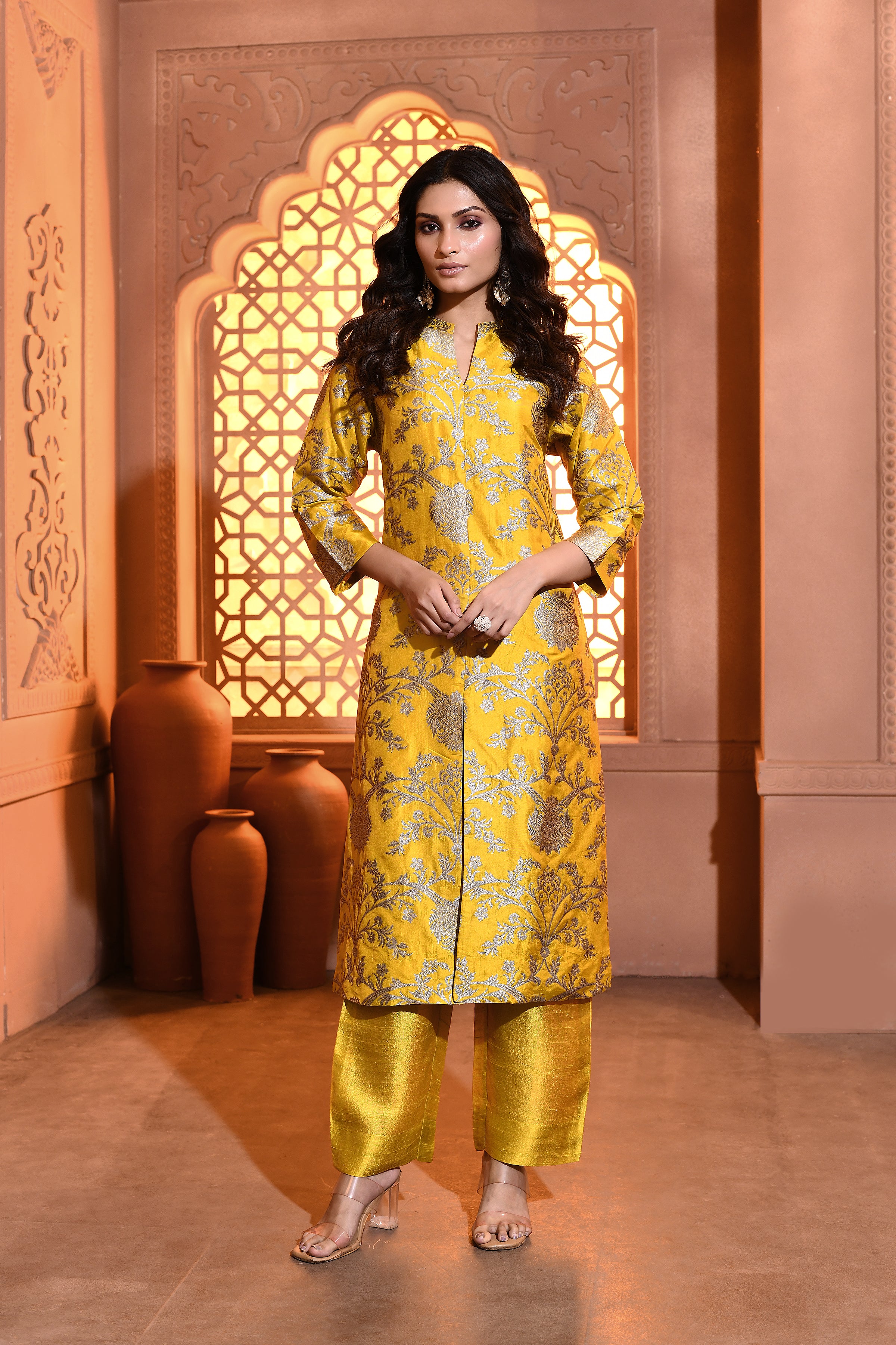 Yellow Banarsi Silk Kurta Set
