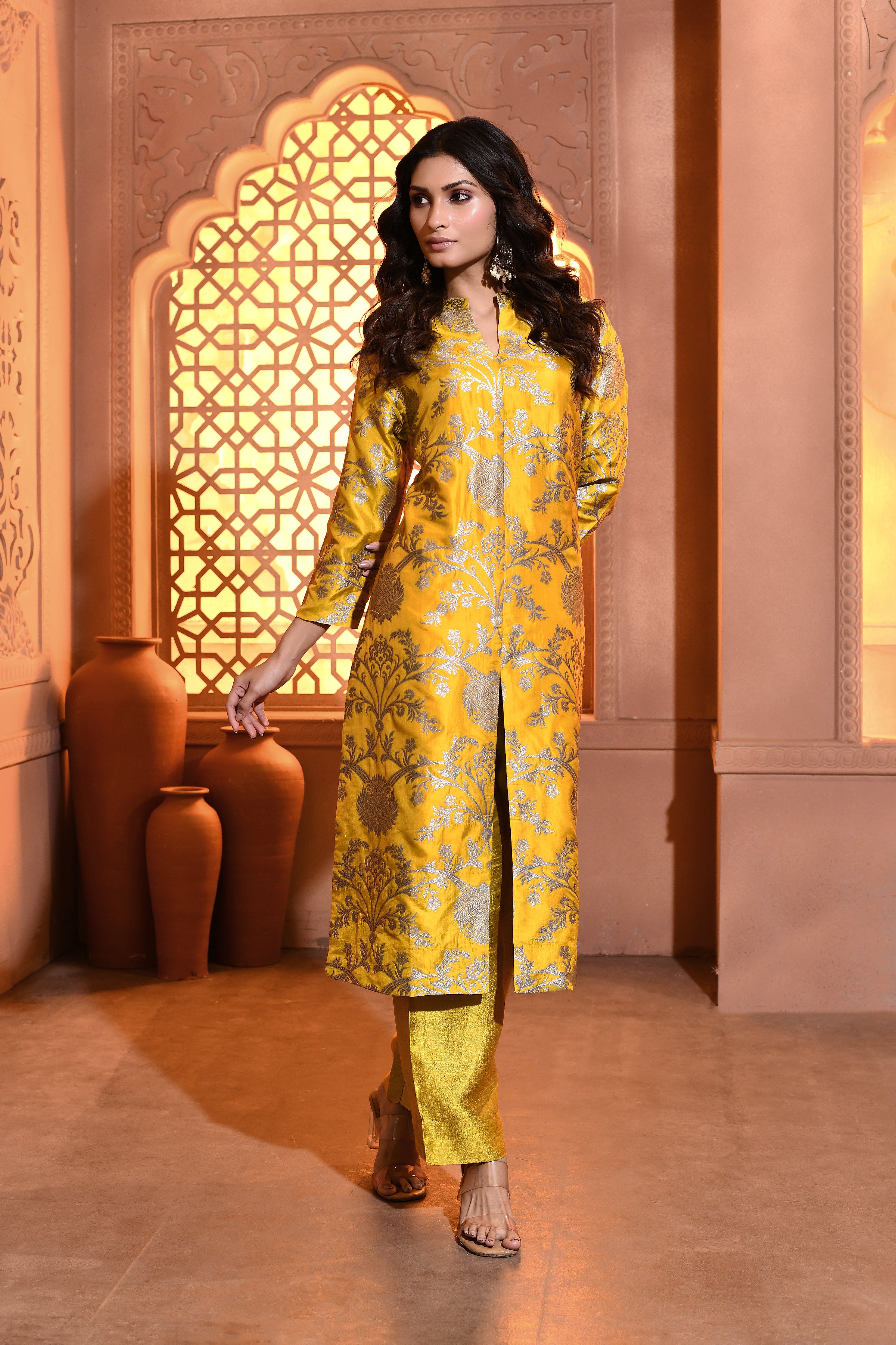 Yellow Banarsi Silk Kurta Set