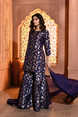 Blue Handwoven Jaal Banarsi Silk Kurta Garara Set