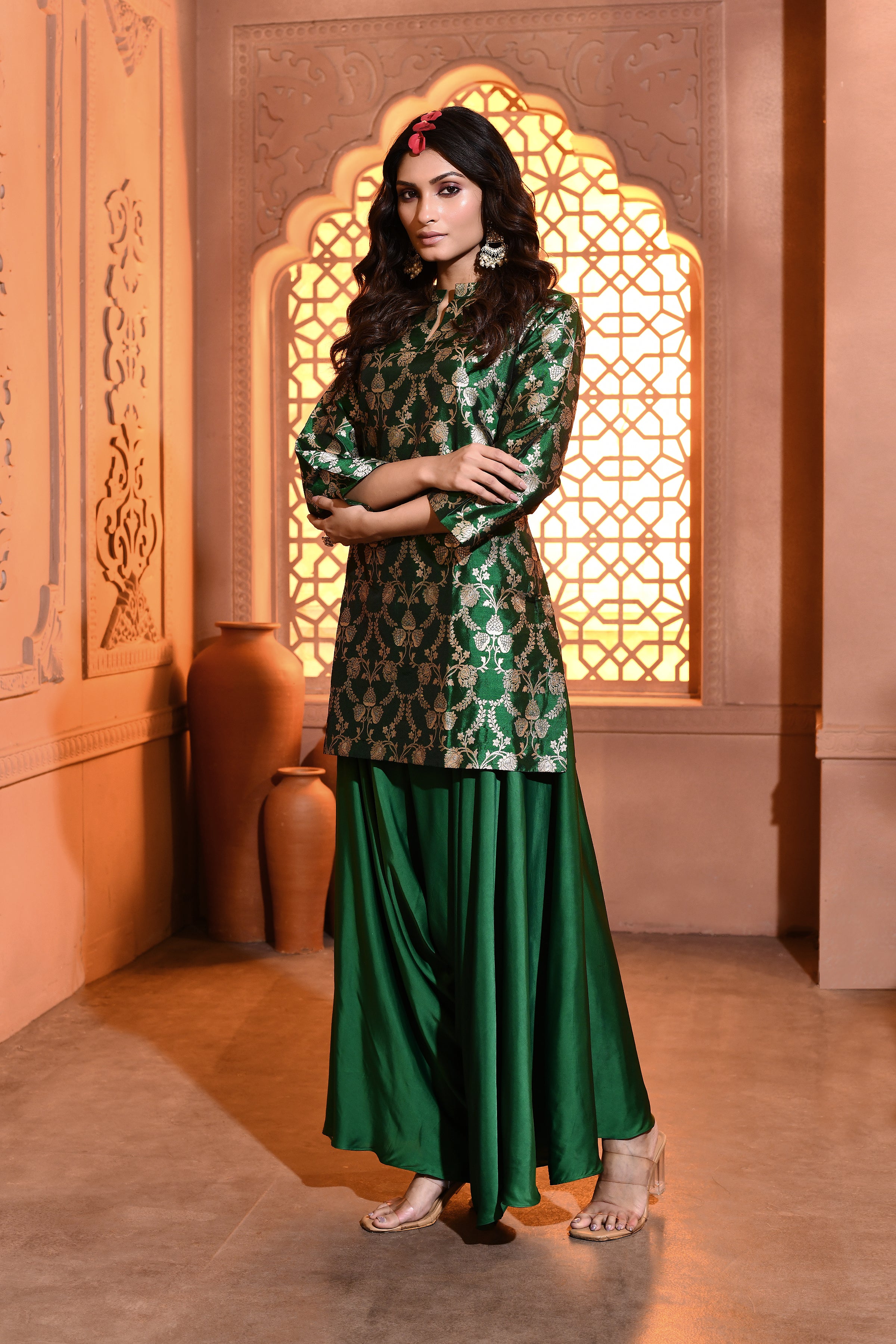 Emerald Green Kurta with Draped Pant Set