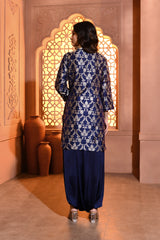 Blue Jaal Silk Kurta with Dhoti Skirt