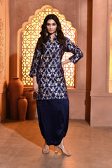 Blue Jaal Silk Kurta with Dhoti Skirt
