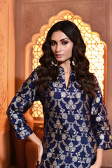 Blue Jaal Silk Kurta with Dhoti Skirt