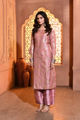 Pink Silver Floral Silk Kurta Set