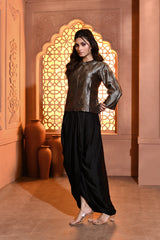 Black and Silver Brocade Jacket with Drape Skirt