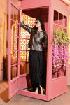 Black and Silver Brocade Jacket with Drape Skirt