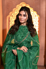 Green Hand-Embroidered Pearl and Zardosi Work Duppatta