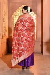 Red Multi-Floral Banarsi Silk Duppatta