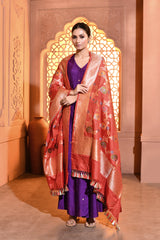 Red Multi-Floral Banarsi Silk Duppatta