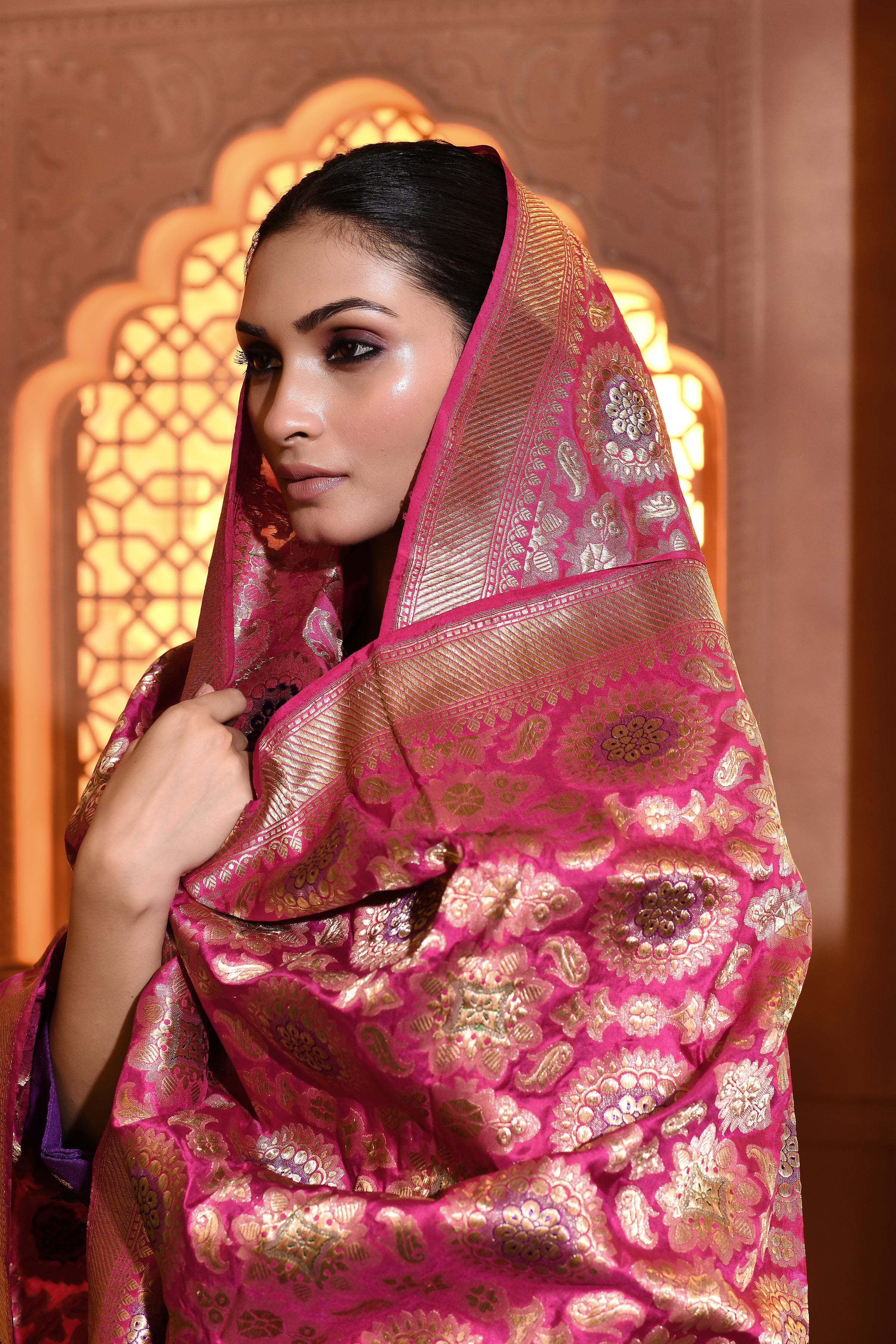 Rani Pink Meenakari Banarsi Silk Duppatta