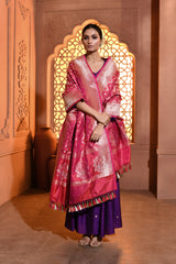 Pink Chevron Handwoven Banarsi Silk Duppatta