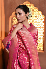 Pink Chevron Handwoven Banarsi Silk Duppatta